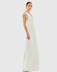 White Embellished Sleeve Jersey Wrap Gown - FINAL SALE