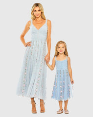 Light Blue Girls Ruffle Floral Embroidered Detail Mini Dress