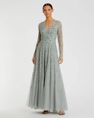 Green Embellished Wrap Over Illusion Long Sleeve A Line Gown