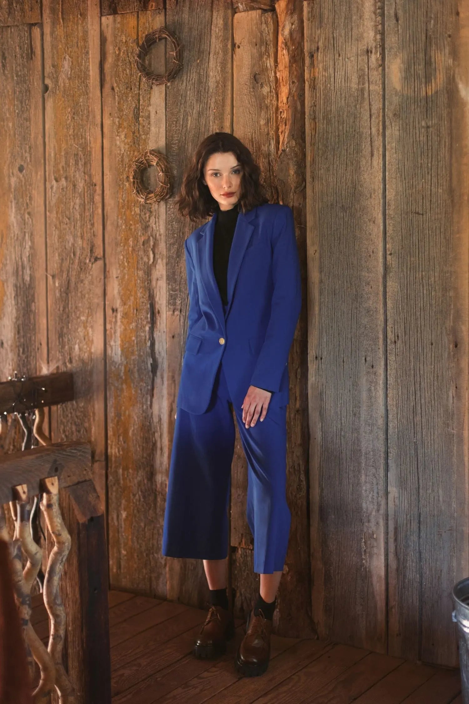 Blue Cropped Crepe Wide Leg Work Pant