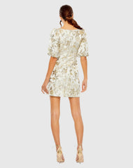 White and Gold Puff Sleeve Deep V Neck Brocade Mini Dress