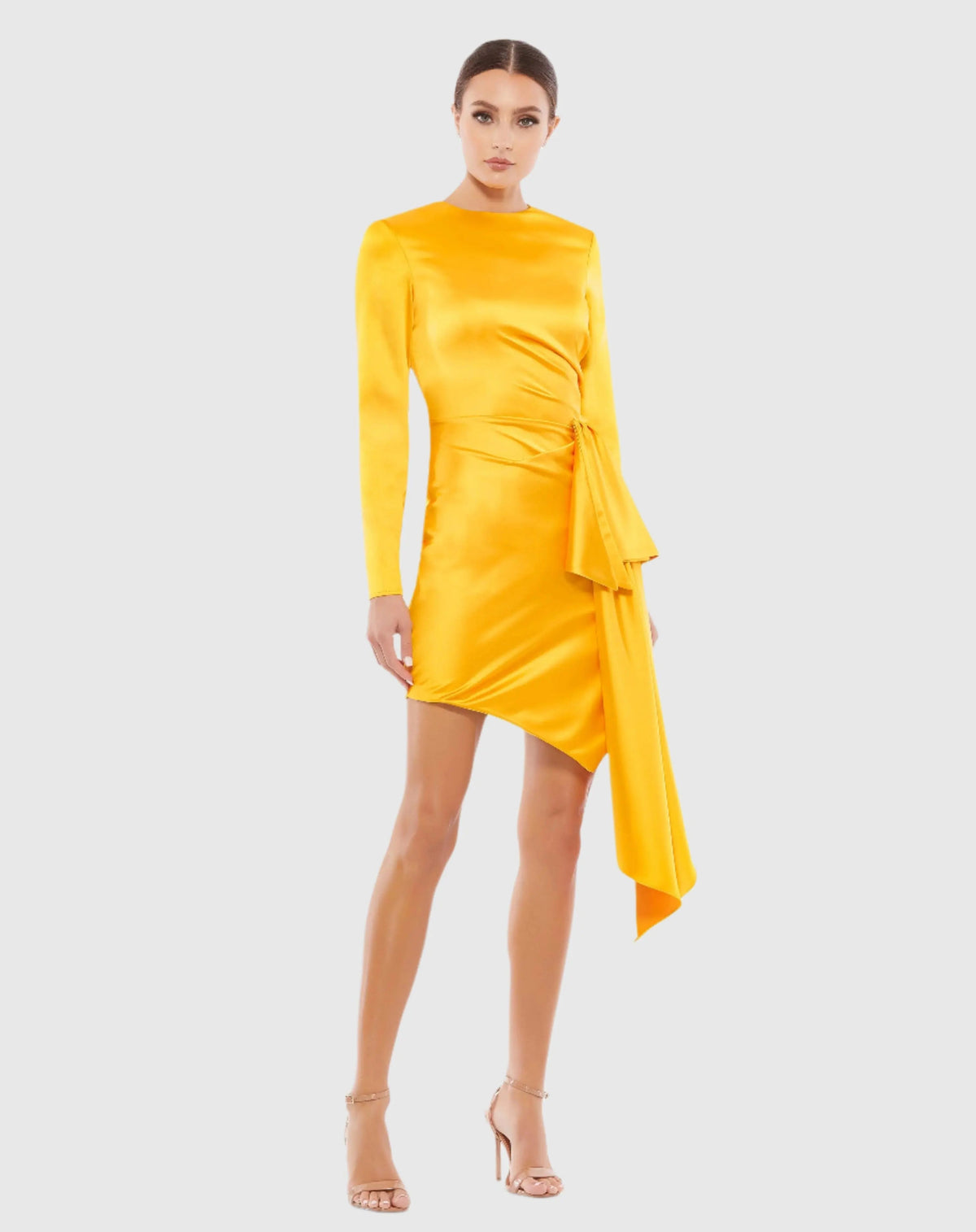 Yellow Asymmetrical Draped Long Sleeve Mini Dress