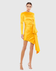 Yellow Asymmetrical Draped Long Sleeve Mini Dress
