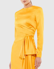 Yellow Asymmetrical Draped Long Sleeve Mini Dress