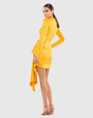 Yellow Asymmetrical Draped Long Sleeve Mini Dress